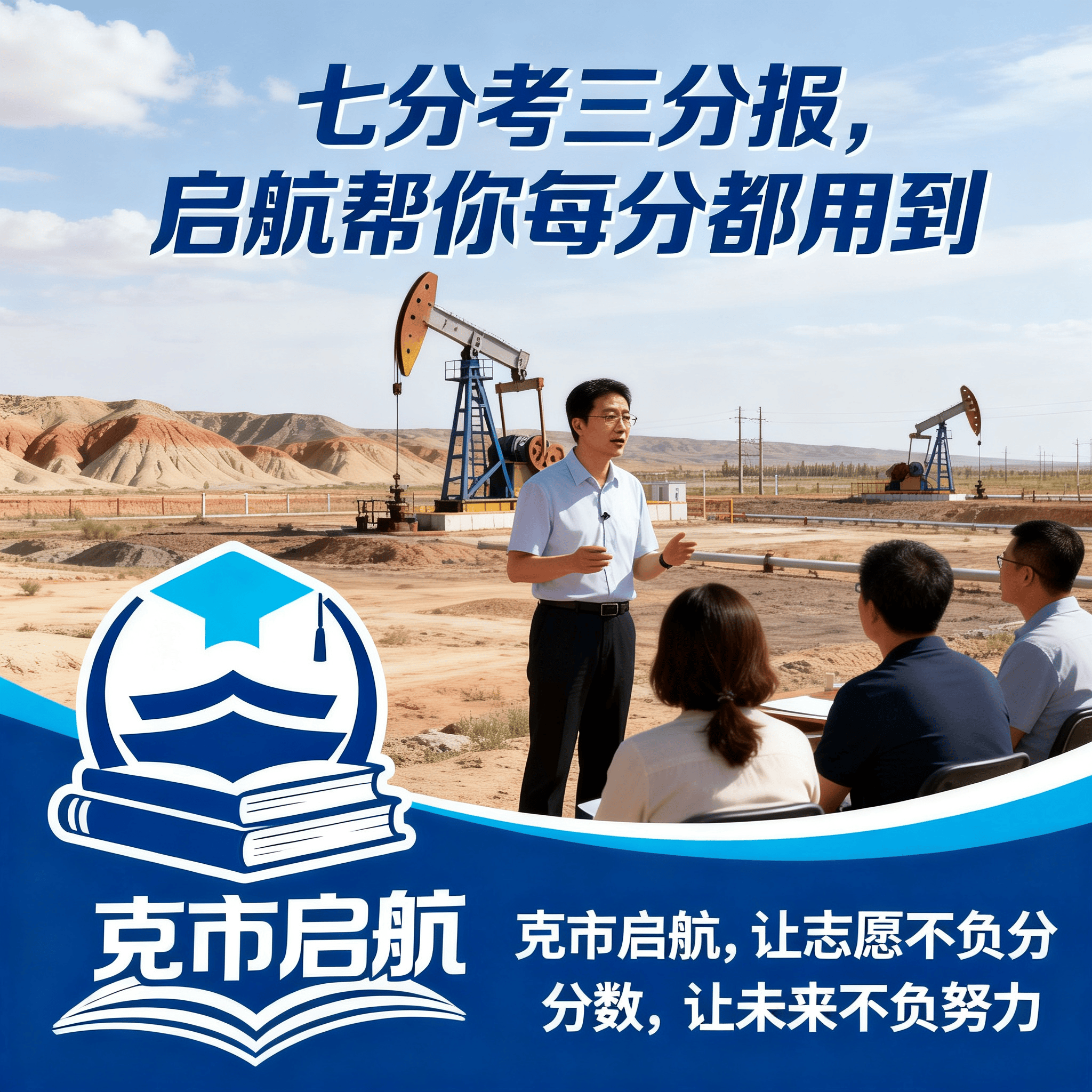 jimeng-2026-05-08-5894-生成一张图片，有克拉玛依油田元素，有老师给家长志愿填报的情景，图片标题文字：七分....png
