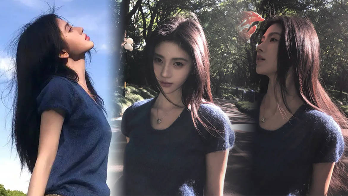鞠婧祎穿蓝色短袖清冷破碎，笑容温柔又治愈