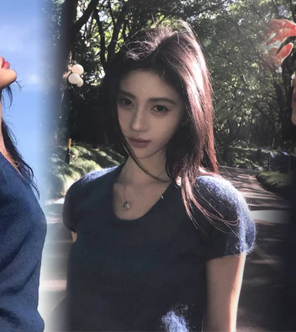 鞠婧祎穿蓝色短袖清冷破碎，笑容温柔又治愈