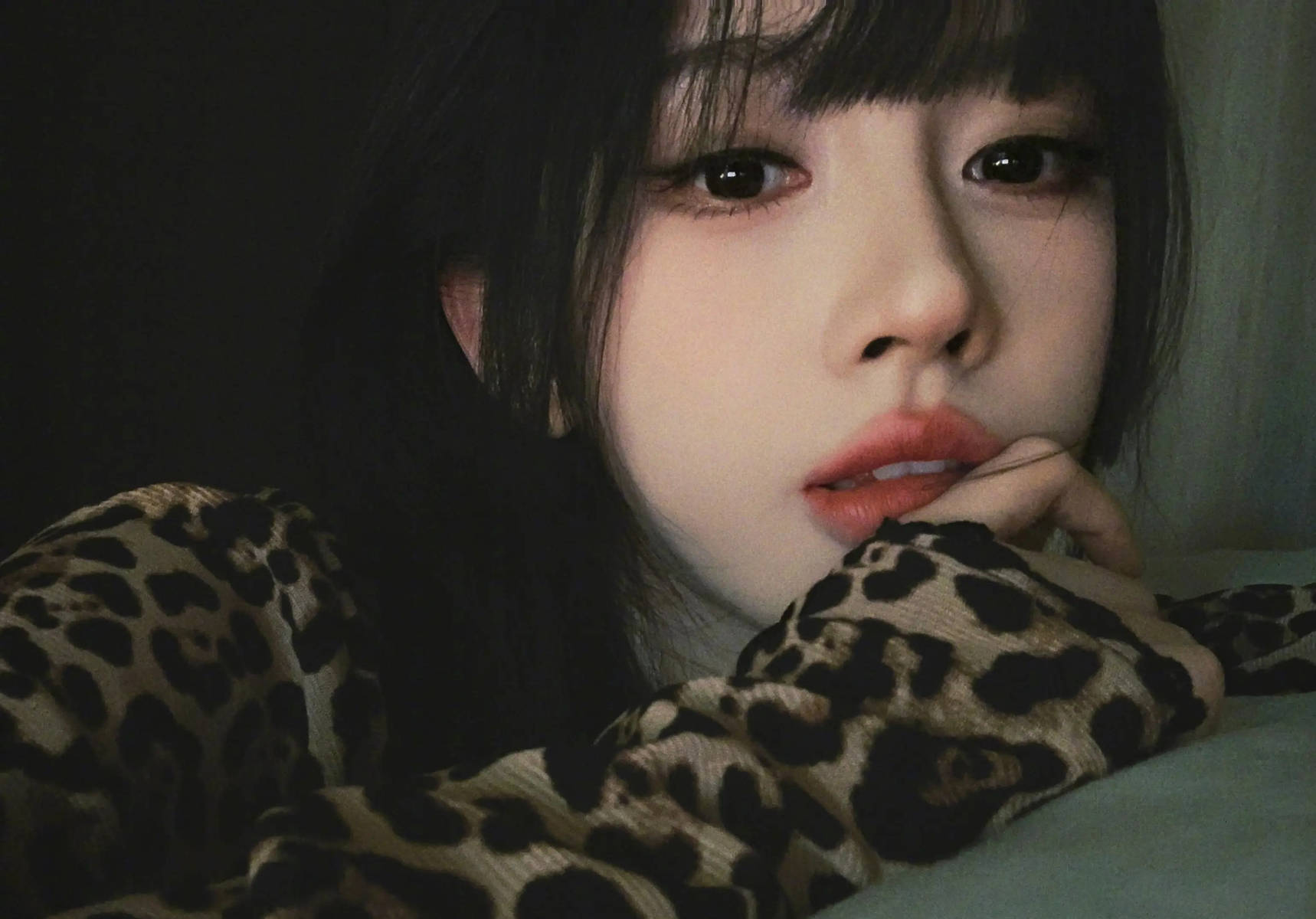 鞠婧祎穿豹纹上衣散发纯欲诱惑 黑发红唇性感慵懒
