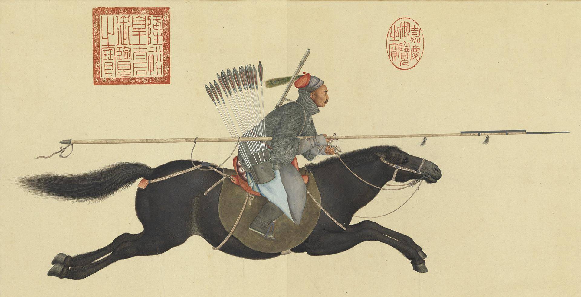 宫廷画师郎世宁所作,现藏于国立故宫博物院,图中显示阿玉锡兼具枪骑兵