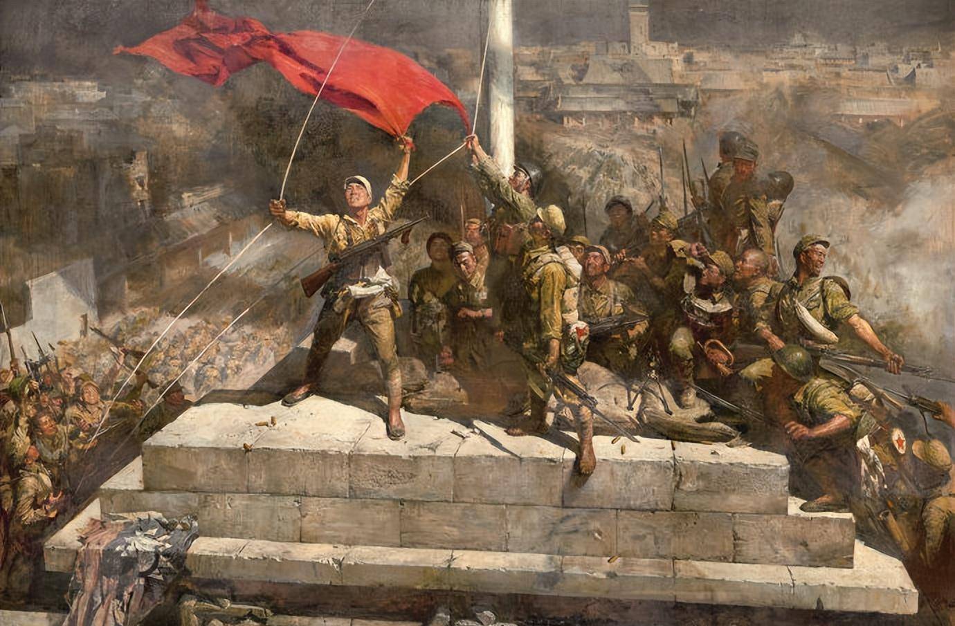 这时,替换了南京总统府青天白日旗的旗帜,正是解放军的"八一旗".