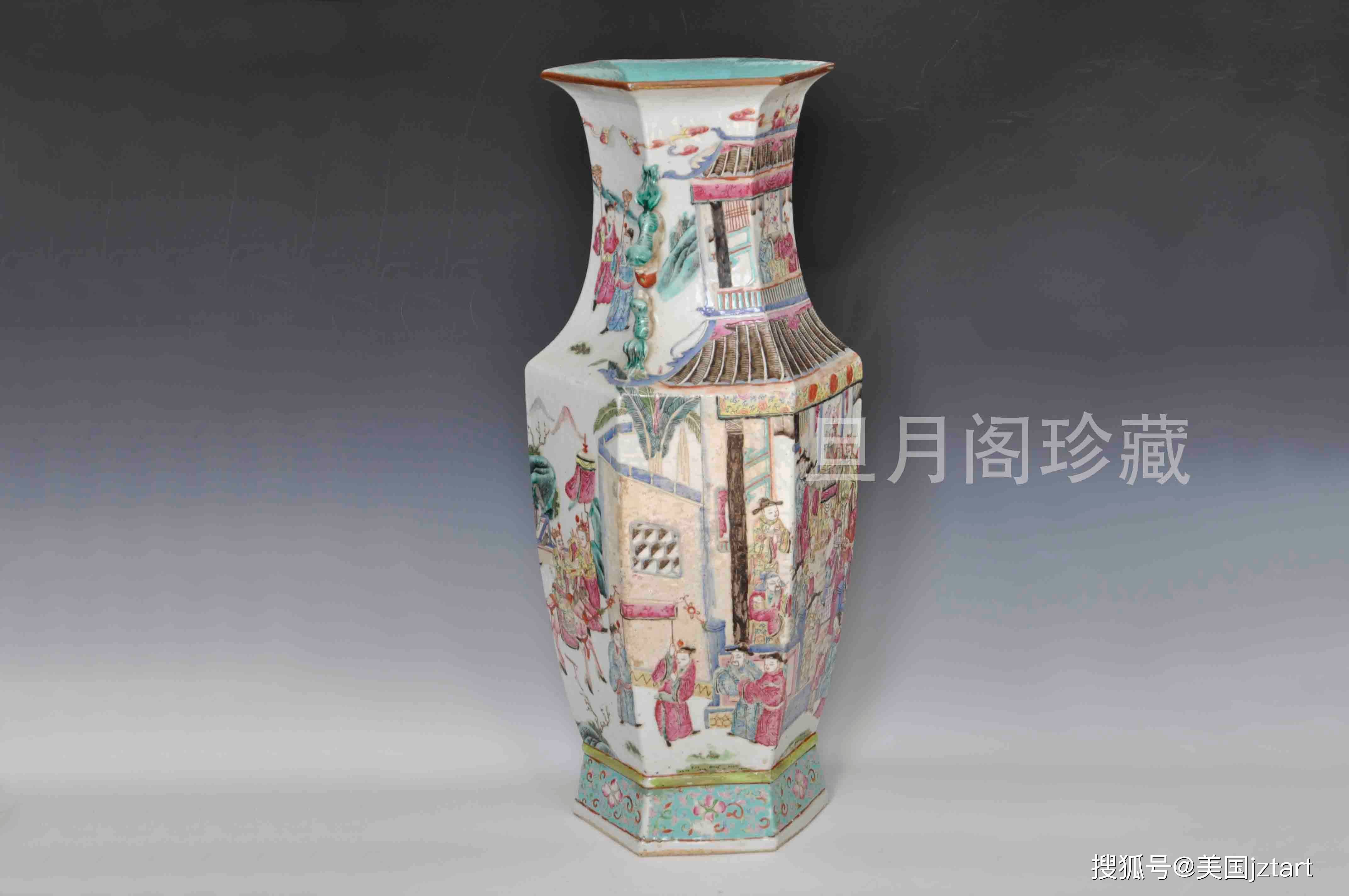 珍藏清同治"百忍堂"人物通景双狮耳六角粉彩花瓶_张公艺_唐高宗_布局