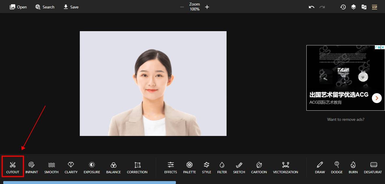 第三步,上传成功后点击下方的【cutout】,开始识别图中人像.