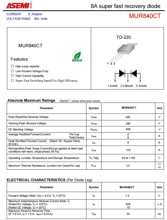 mur840asemi快恢复二极管mur840