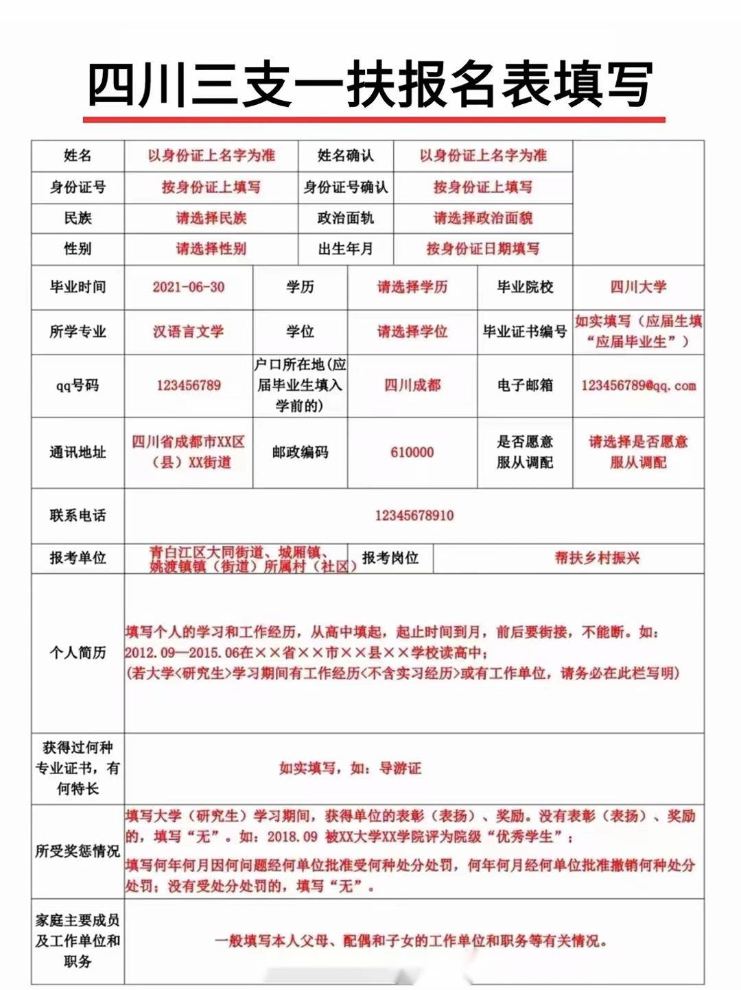 2024四川三支一扶"考生信息表"照着填