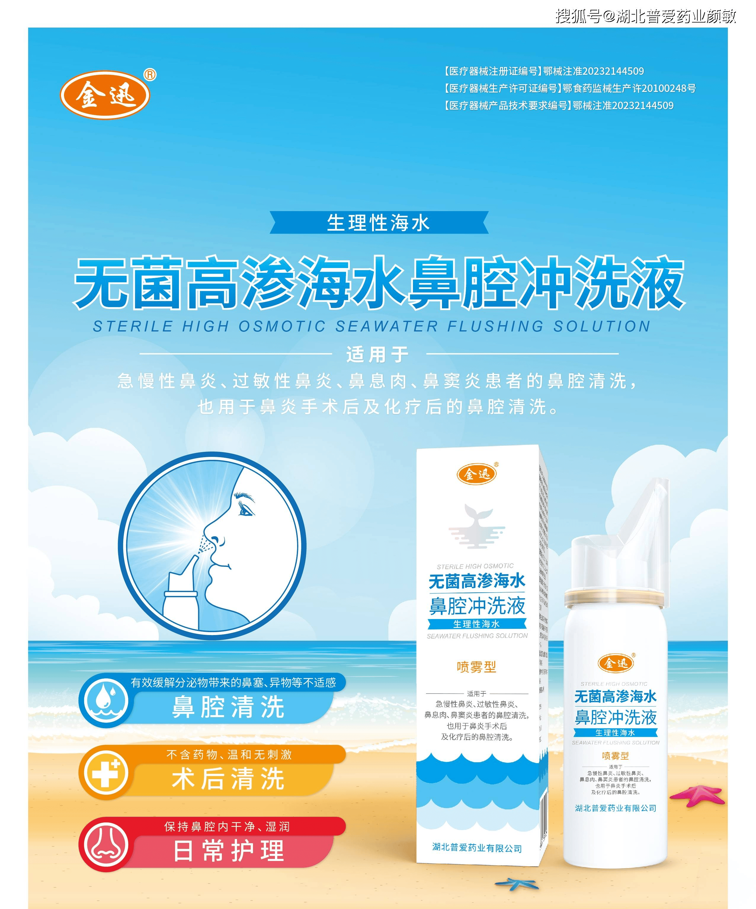 无菌高渗海水鼻腔冲洗液用于急慢性鼻炎,过敏性鼻炎,鼻窦炎患者的鼻腔