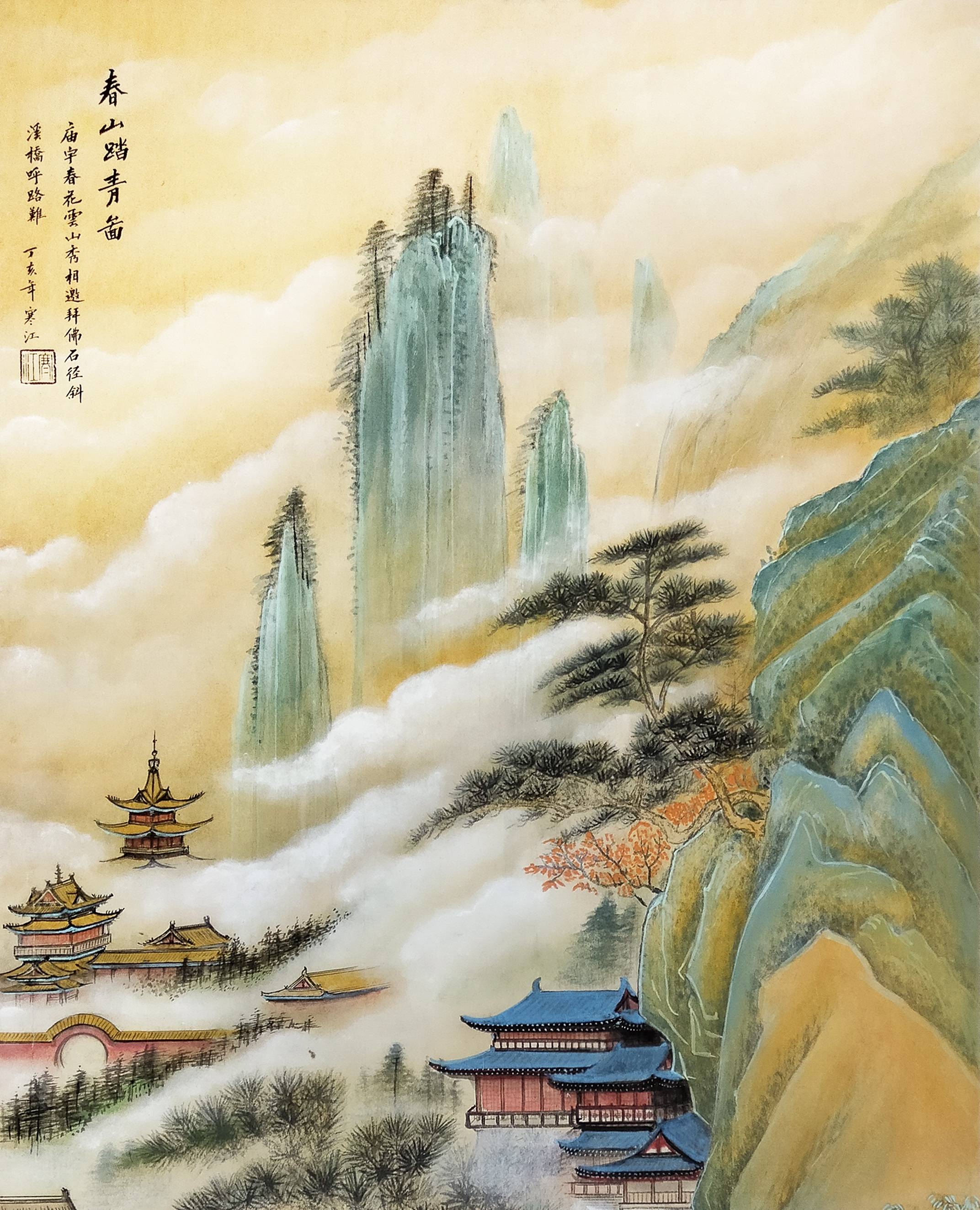 界画寒江---工笔界画《春山踏青图》