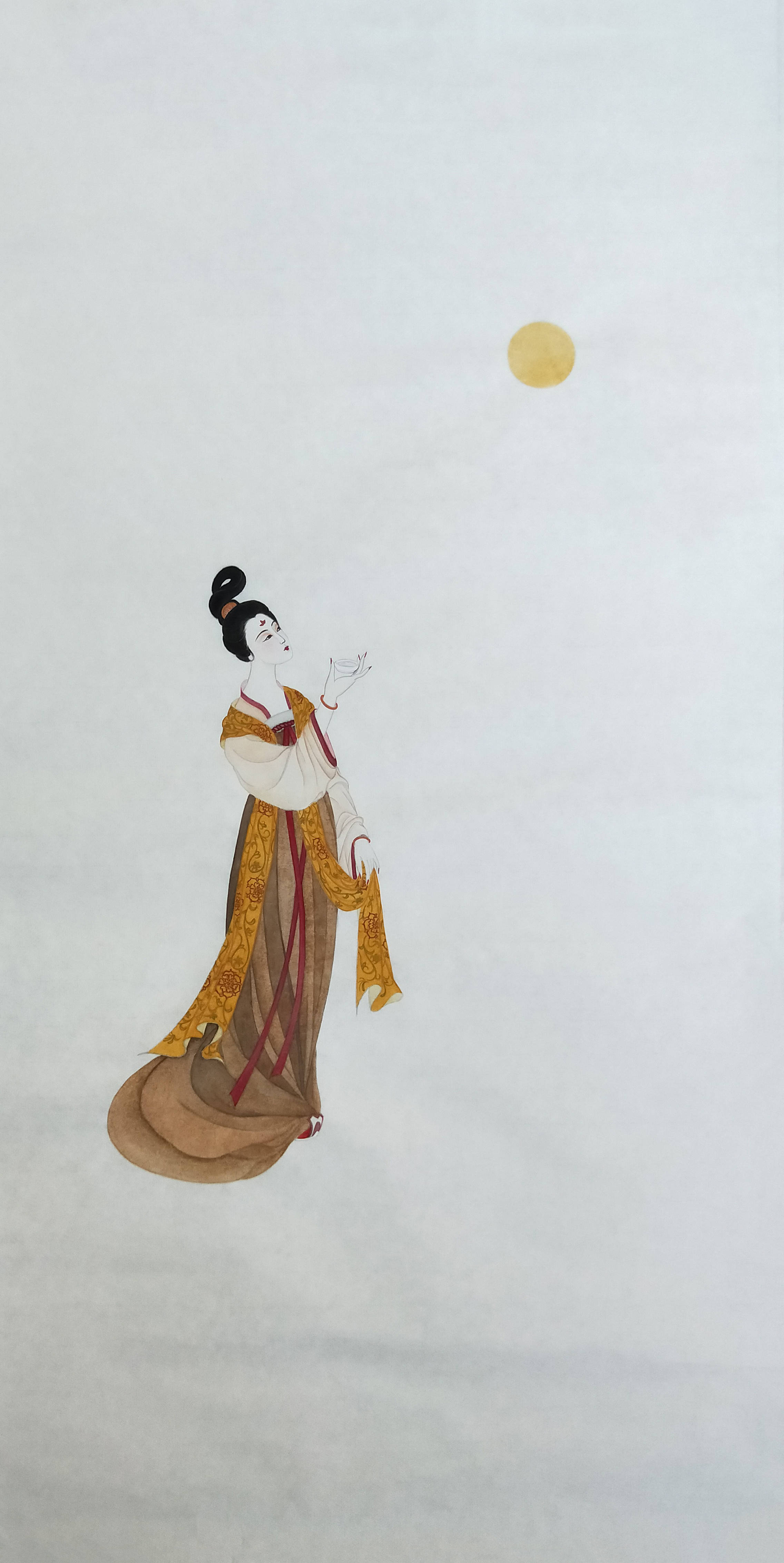 秋夜独酌图(黄丽燕国画唐代服饰工笔人物绘画传统仕女图)