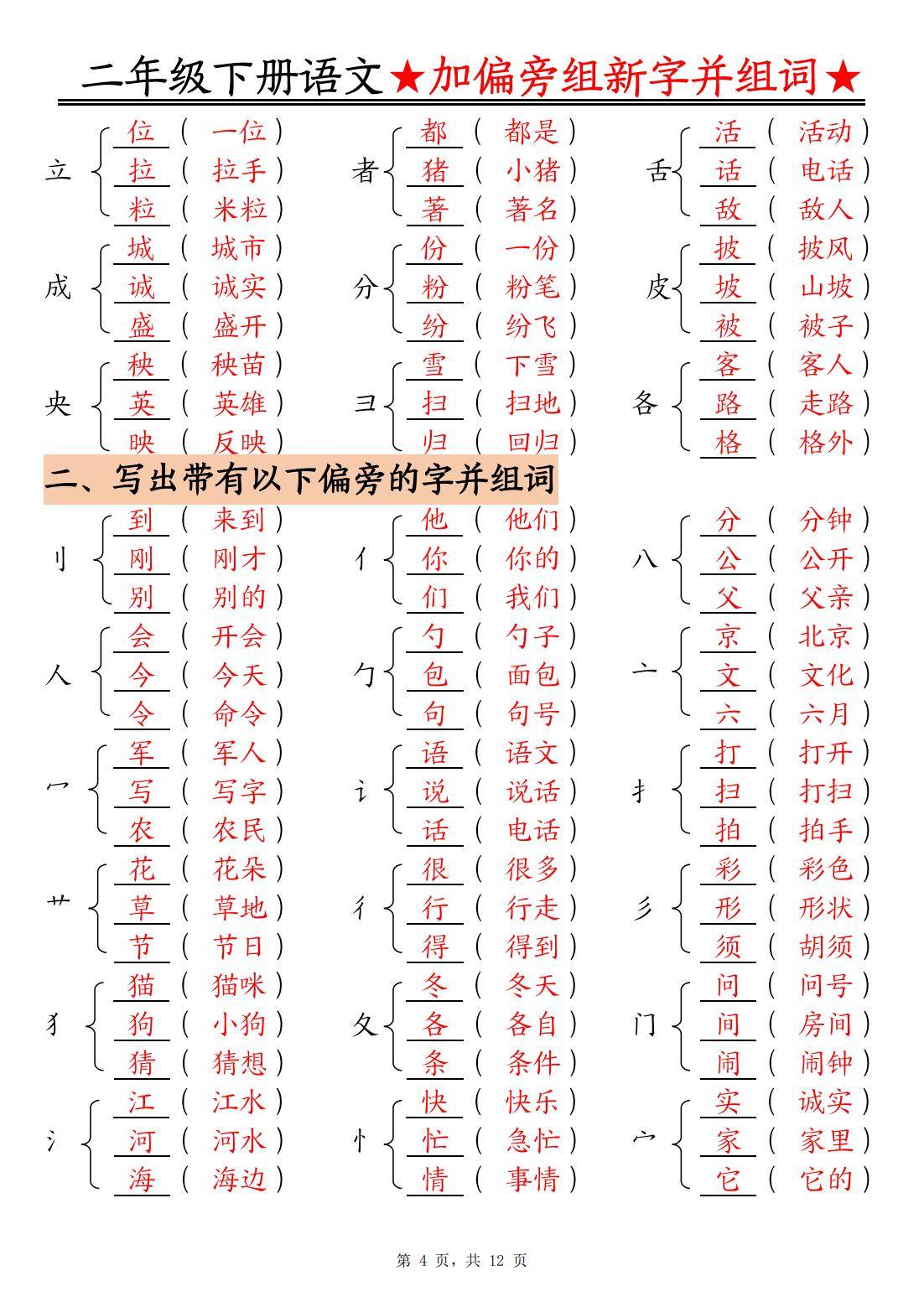 二年级下册语文【加偏旁部首组新字并组词】专项练习
