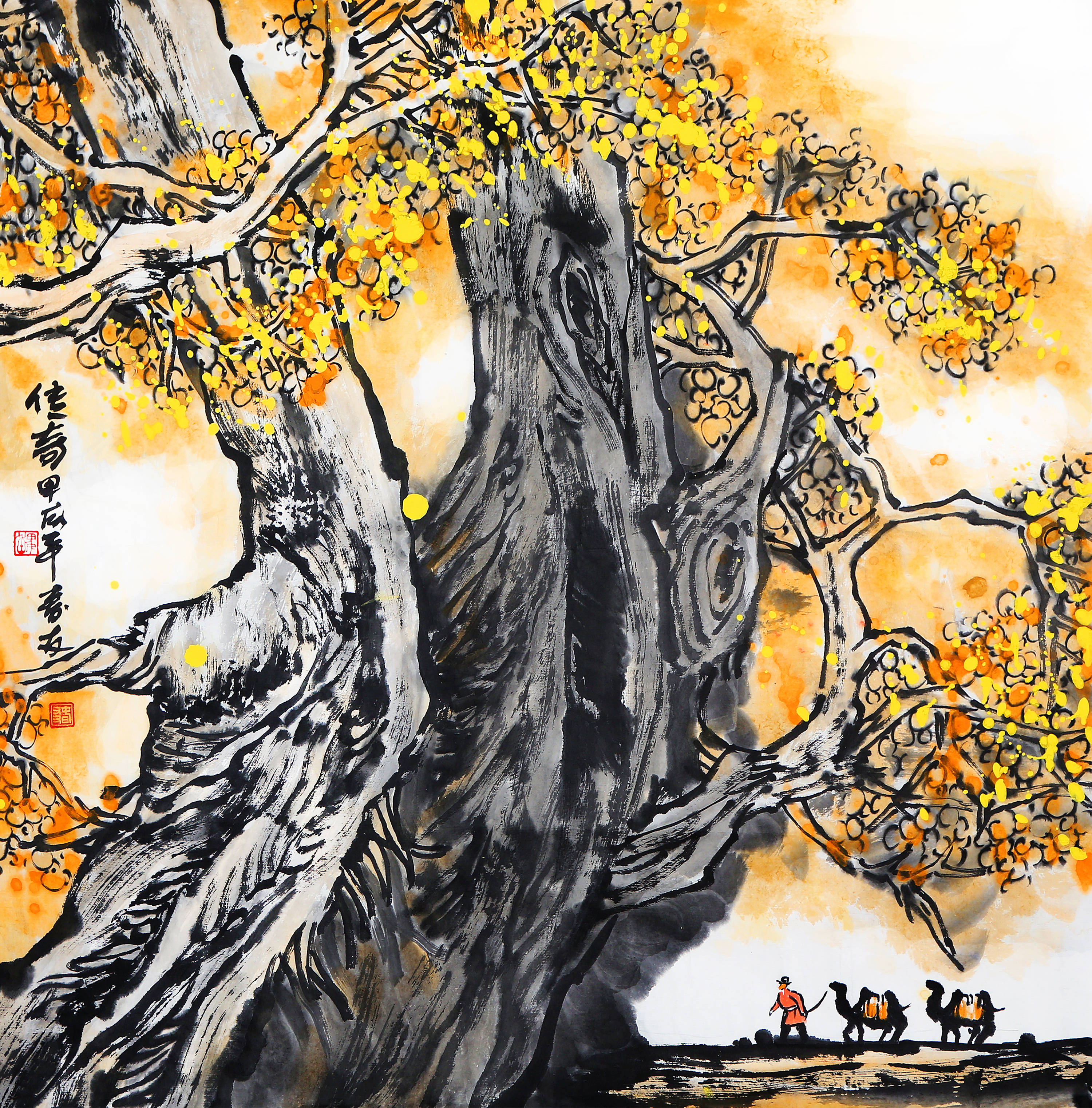 画家魏春友,国画《大漠魂》胡杨系列作品欣赏