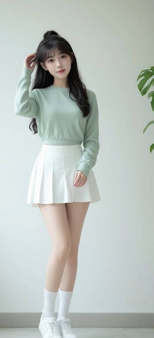 墙边的清新时尚倩影:薄荷绿上衣和白色短裙穿搭的长发mm
