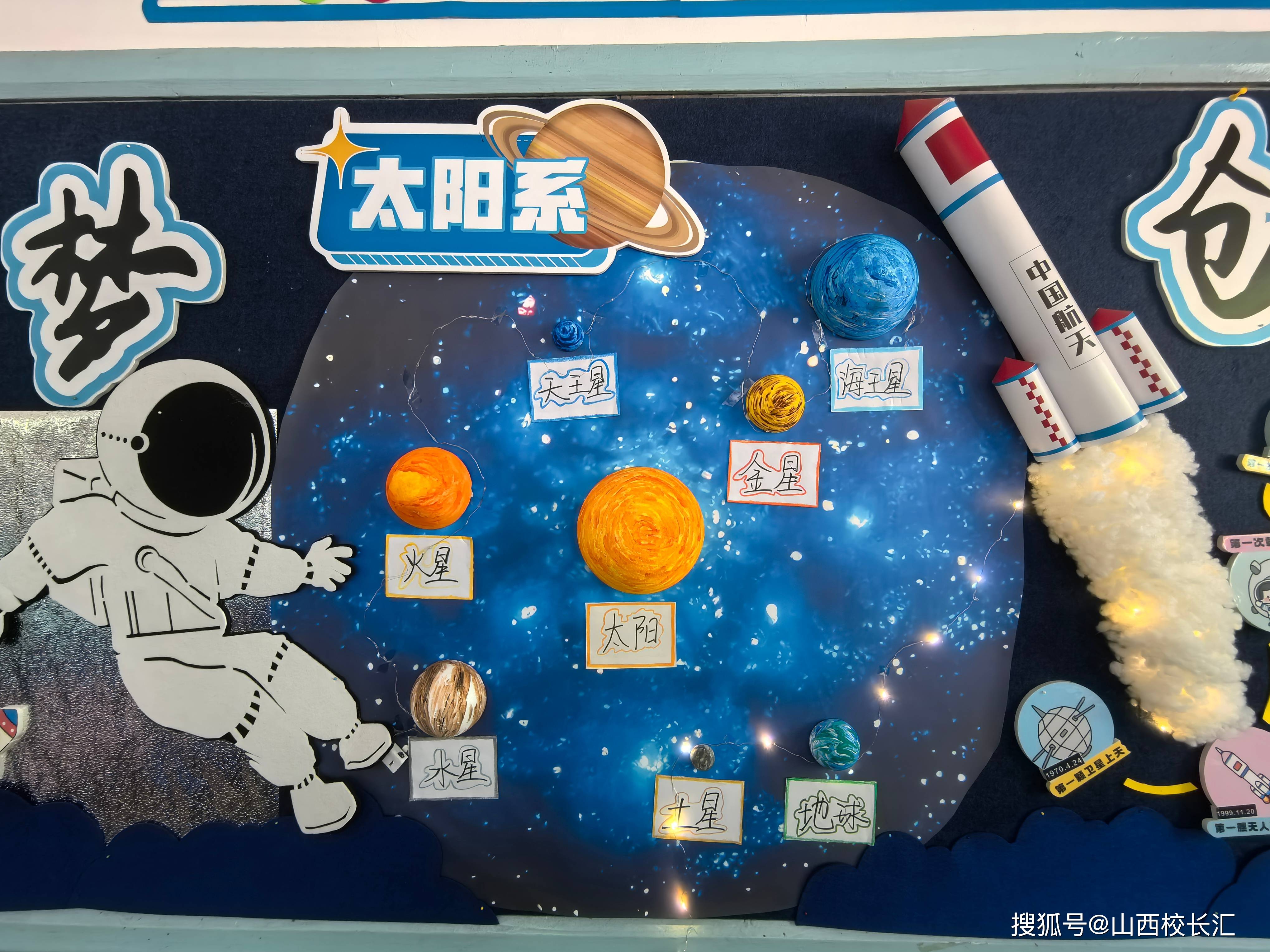 教室内,"太空奥秘"主题墙贴满学生绘制的星球,火箭等作品;同时还展示