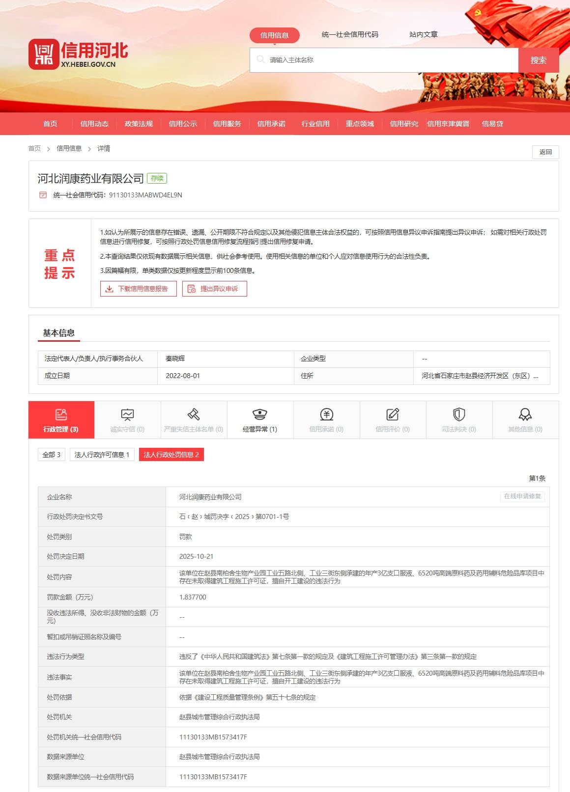 河北润康药业消防违规被罚3万元:同一项目曾因未批先建被罚(图1)