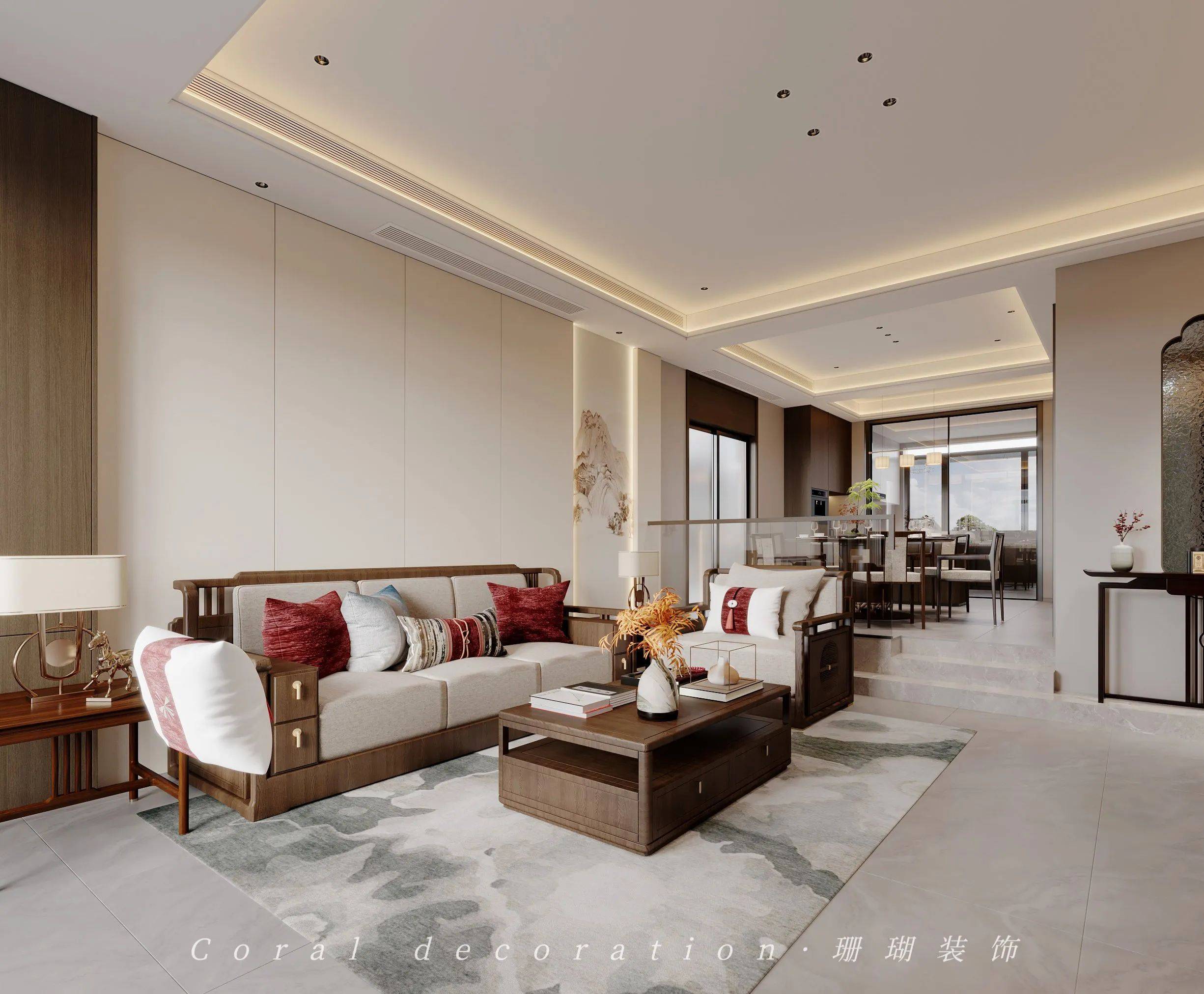 典雅中式设计入户玄关;彰显出温婉大气之感;沙发背景点缀"水墨"般