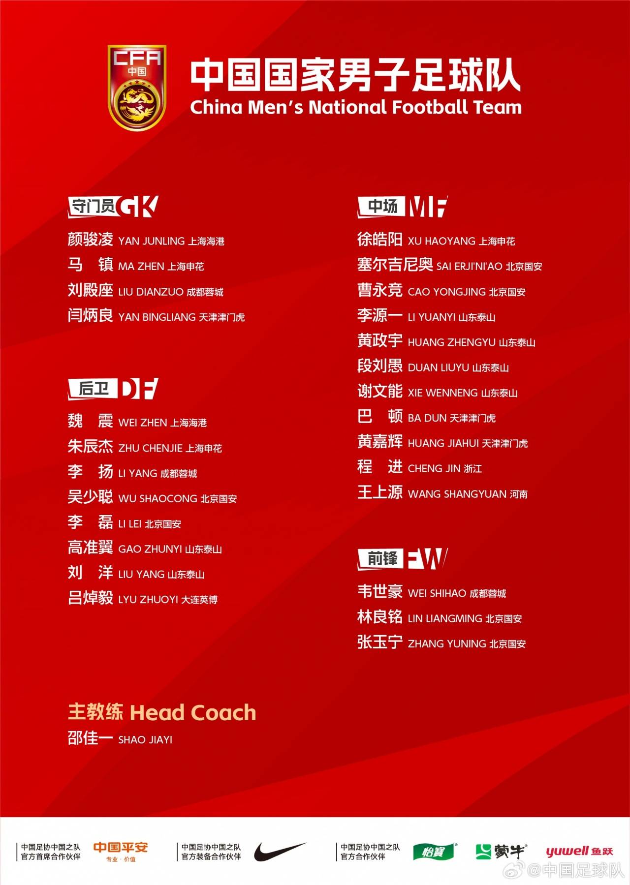 邵佳一首次带队！国足最新集训名单：张玉宁领衔 塞鸟韦世豪在列