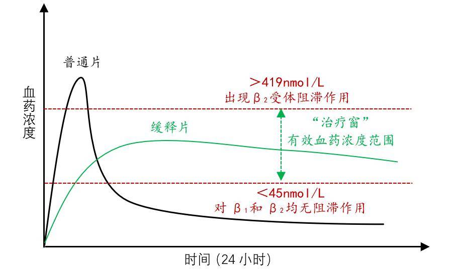 當體內血藥濃度在45~419nmol/l治療窗內,主要對β1受體有阻滯作用