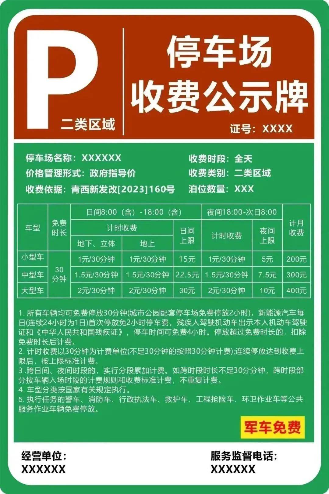 停車場(一,二,三類區域)道路泊位收費公示牌參考樣式為方便市民辨識和