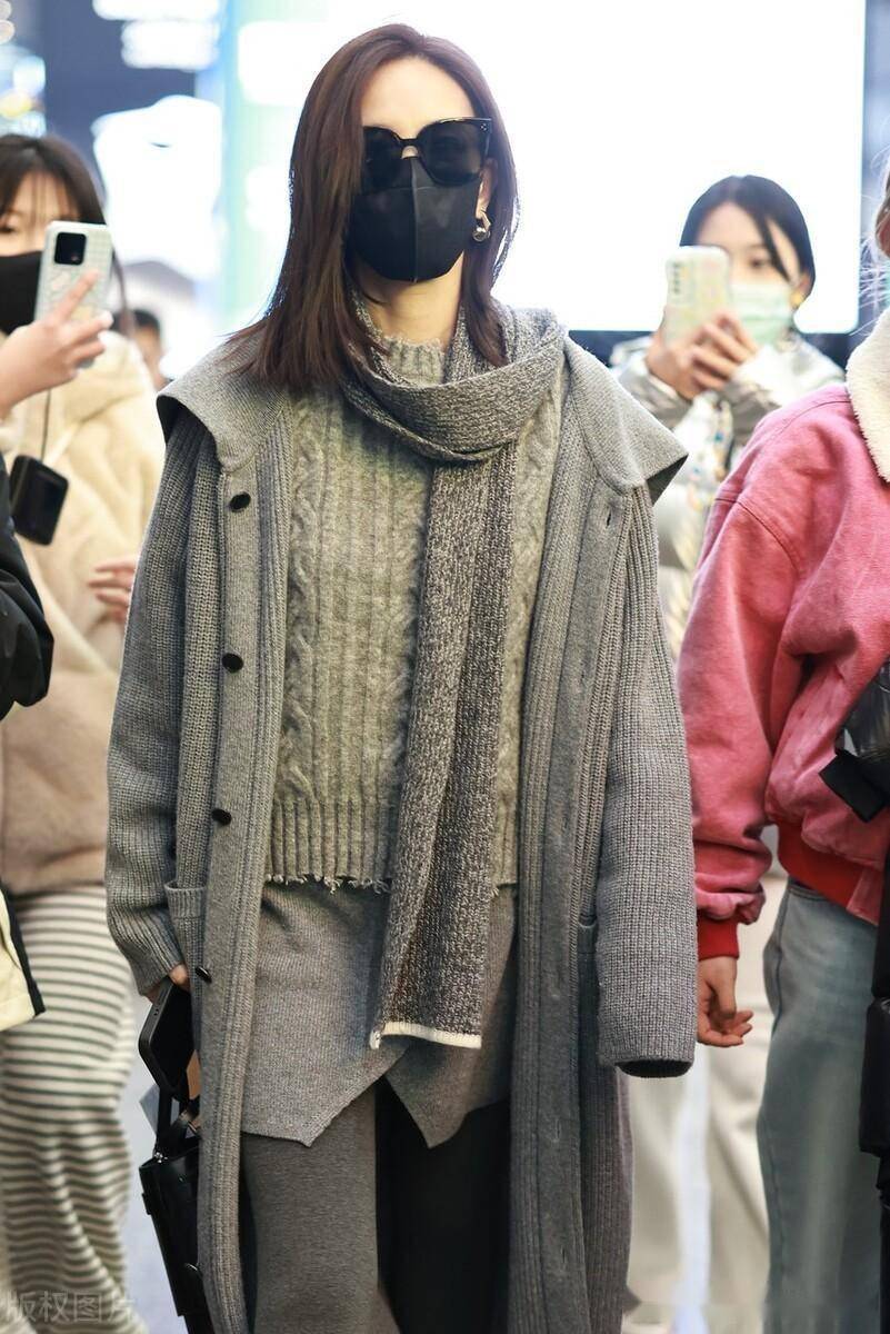 灰色刺绣浣熊绒毛衣 ￥599 购买2024年1月12日,北京,李一桐机场街拍