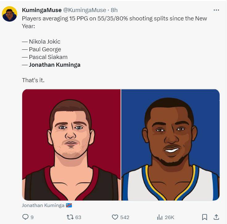 连续19战上双:库明加炮轰科尔有底气 1数据比肩约基