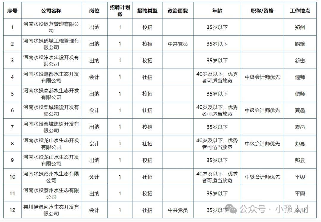 河南水投水土資源開發有限公司招聘12人【至2.8