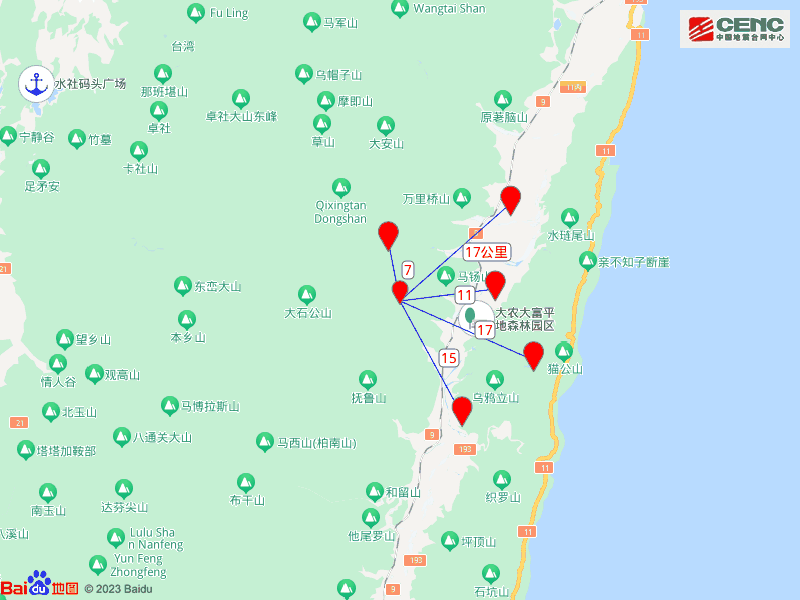 周邊縣城:震中距萬榮鄉7公里,距光復鄉11公里,距瑞穗鄉15公里,距豐