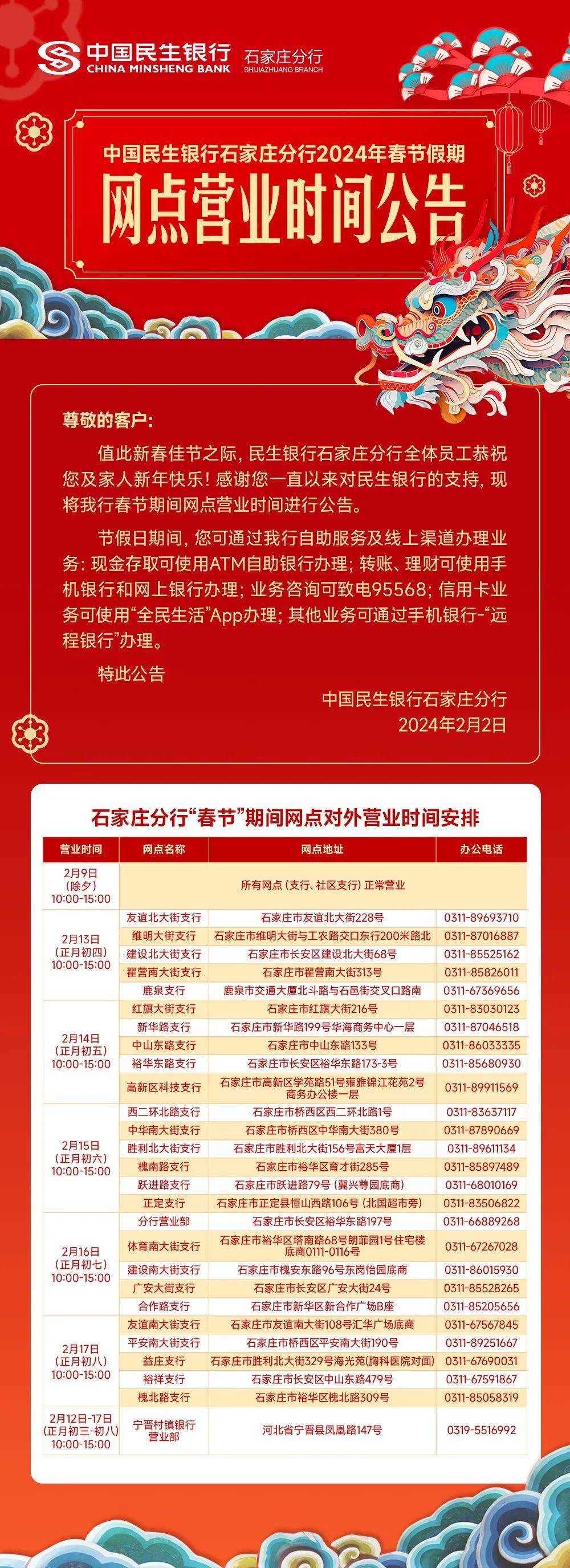 石家庄：这些银行网点春节营业时间公布→