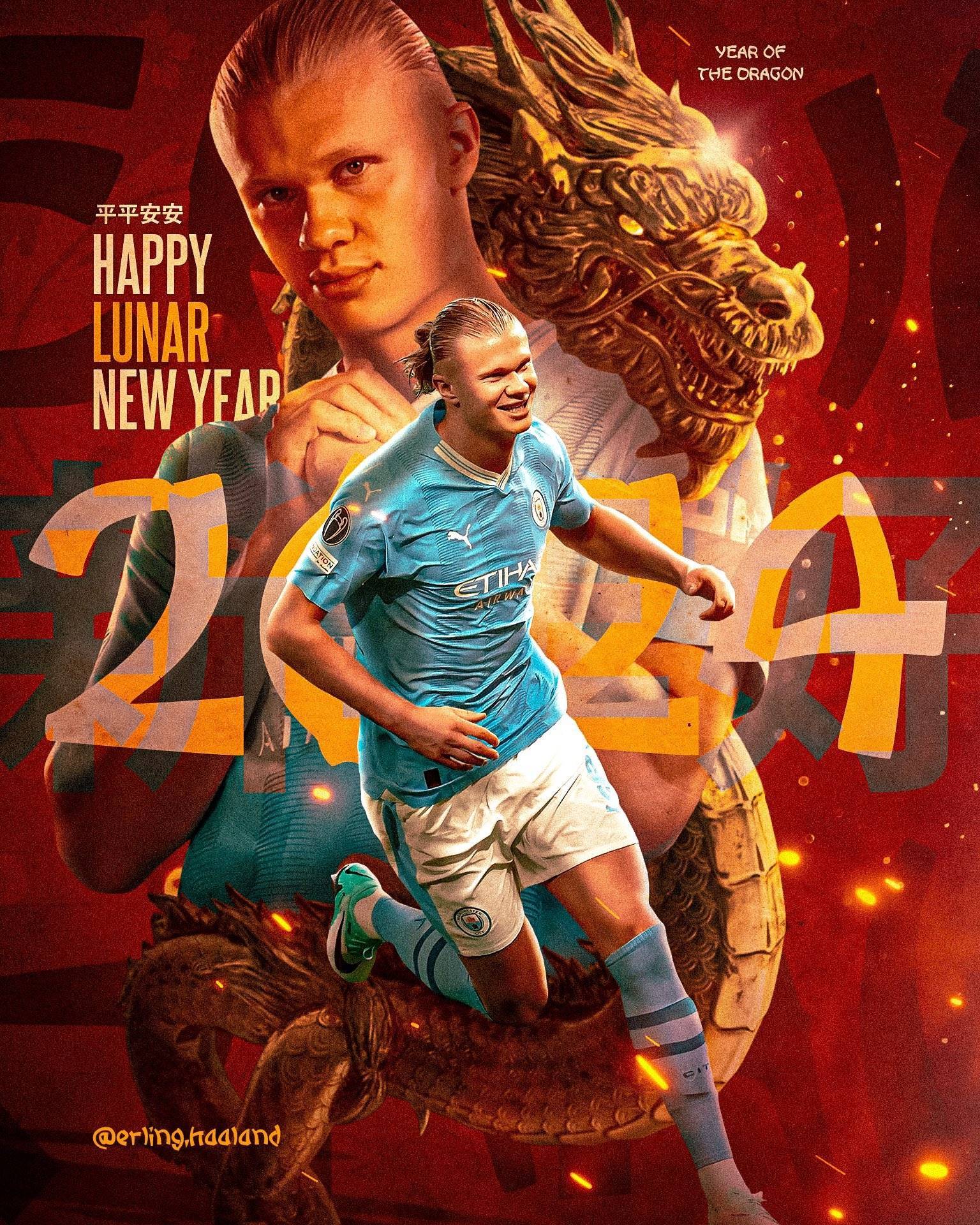 魔人拜年哈兰德社媒送祝福:愿龙之精神与你同在_海报_曼城_球星