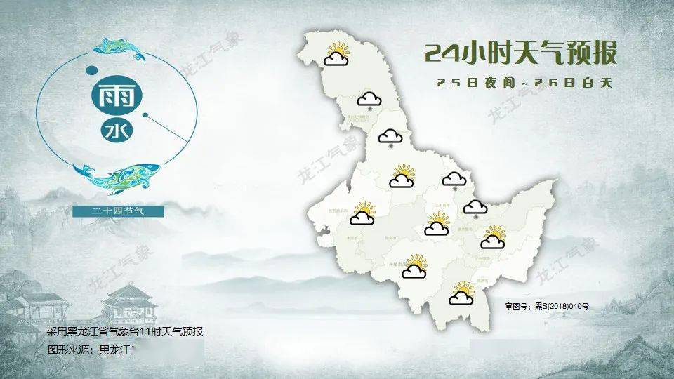 25日夜间到26日白天:大兴安岭南部,黑河北部,伊春北部,鹤岗多云有分散