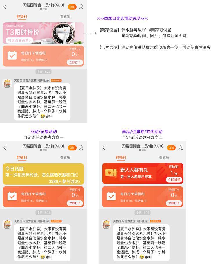 注意:自定义活动将遮挡原有群顶部常规入口(全店宝贝/上新/买家秀/群
