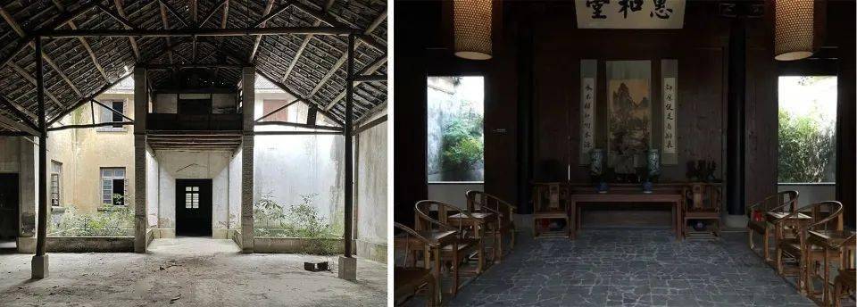 原收茧计重区外廊 08九樟▲(左)原回廊内景;(右)回廊中庭杂木丛生