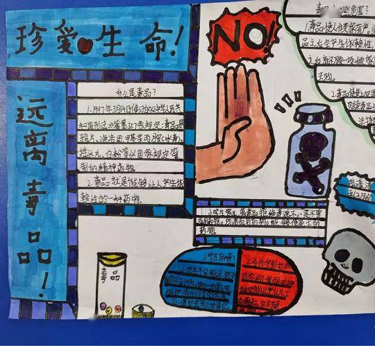 手抄报书画,作文创作活动,使广大学生更进一步了解毒品的危害性和参与
