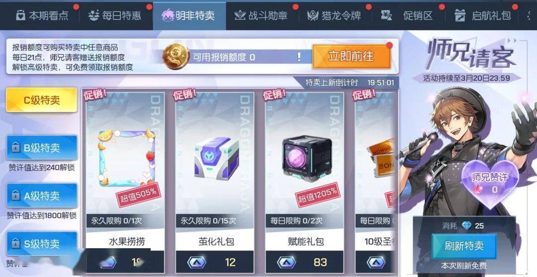 本次更新之后,至3月20日23:59,商区-明非特卖中可以购买最高1450%返利