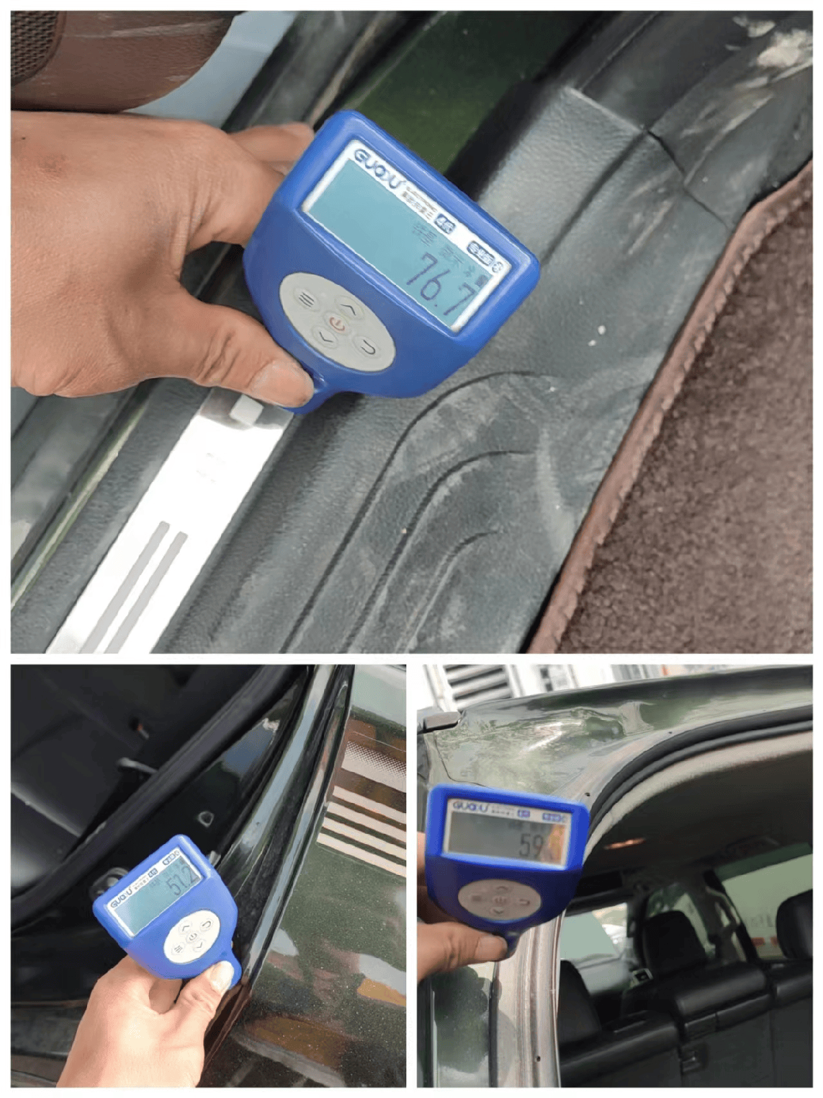 接着检查到六柱也都正常,车门螺丝也是没有拆装痕迹,漆膜仪基数值都是