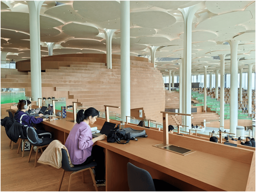 为了让"森林书苑"呈现"山谷门厅"的独特景致,在图书馆南北大门之间