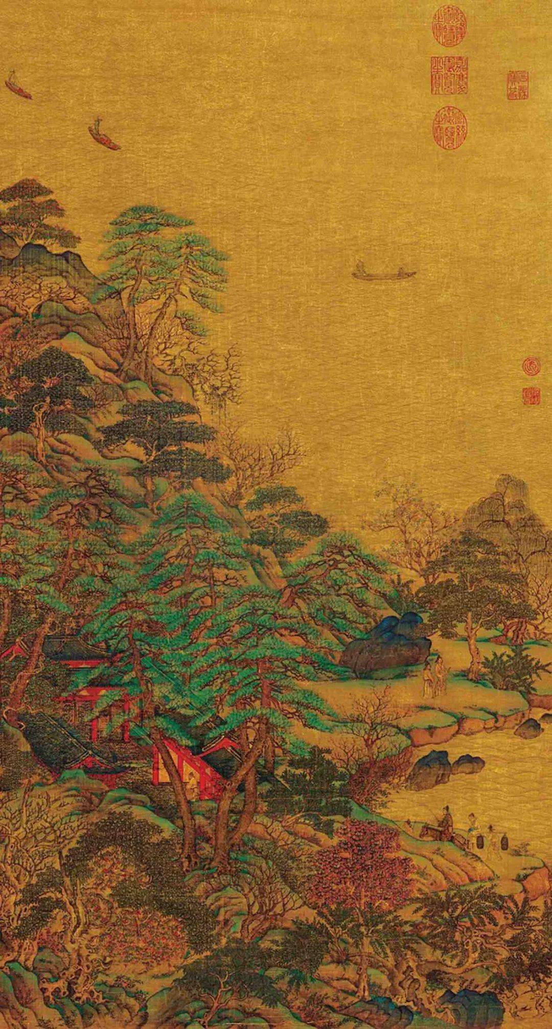 江帆楼阁图(国画) 102×55厘米 唐 李思训 台北故宫博物院藏"山水"中