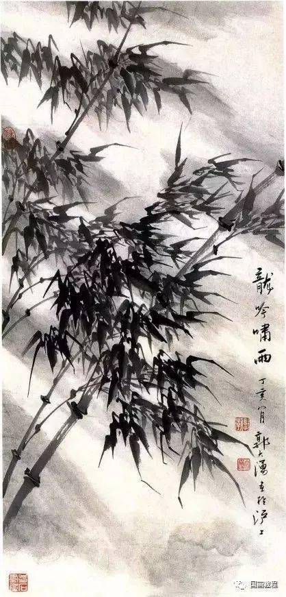 以斜风雨竹布局,笔蘸浓墨再蘸清水,按垂叶法落墨,左右布叶,再以淡墨