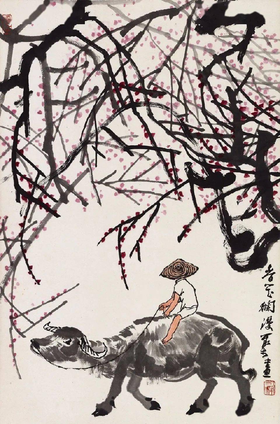 中国古美術・純手描き牧牛図三尺画芯・水墨画・李可染印款・書道品・宣紙・带水印 中国古美術・純手描き牧牛図三尺画芯・水墨画・李可染印款・書道