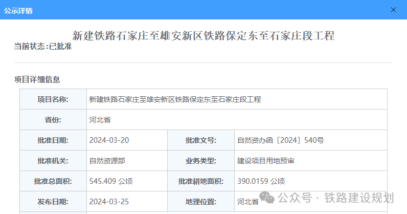至雄安新区铁路保定东至石家庄段工程项目建设用地预审意见的函》,石