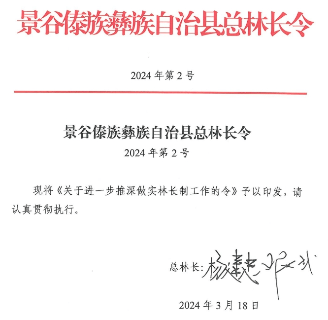 景谷傣族彝族自治县总林长令2024年第2号关于进一步推深做实林长制