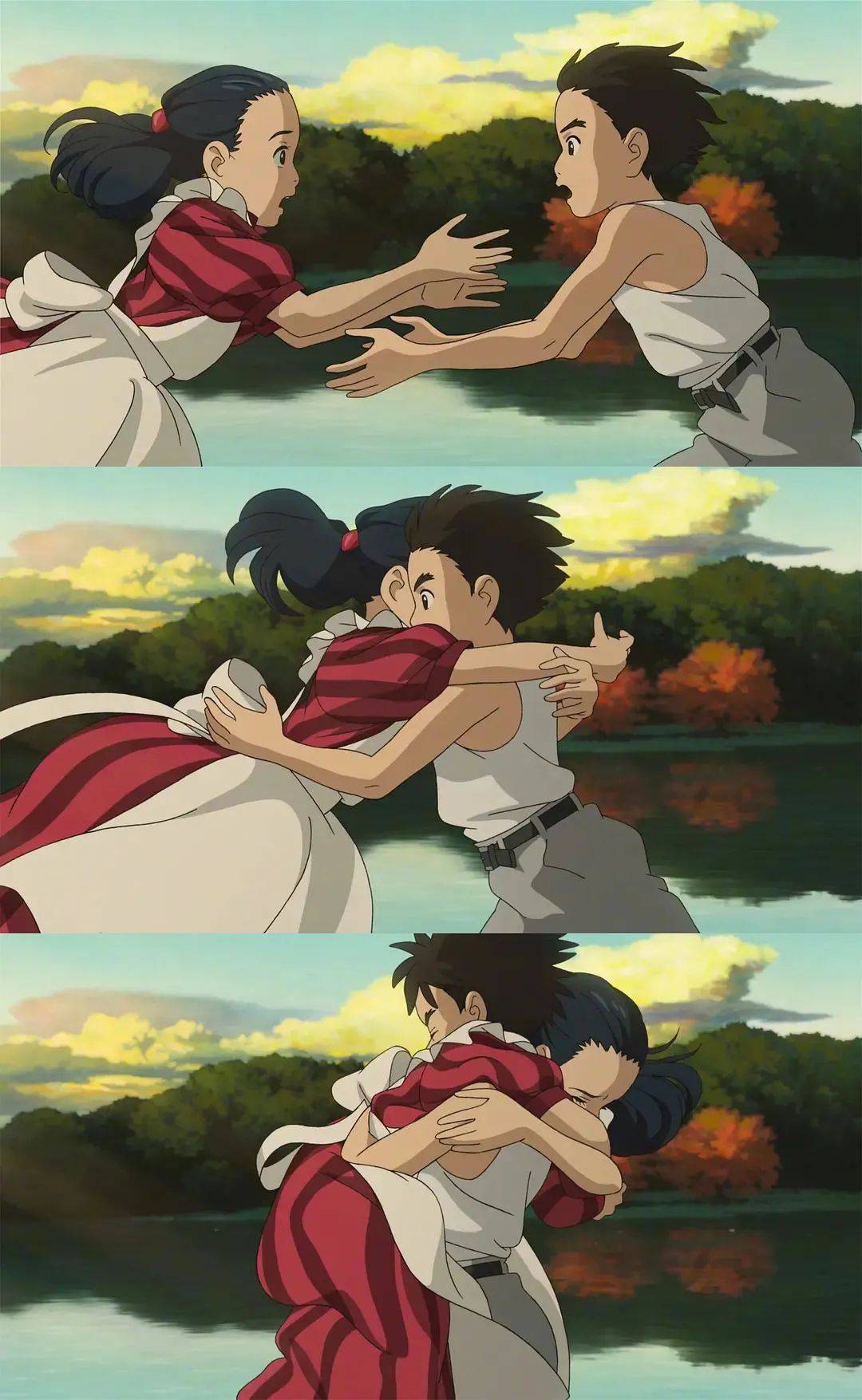 千寻和白龙在空中牵起对方的手,波妞把宗介抱得快让他窒息的场面