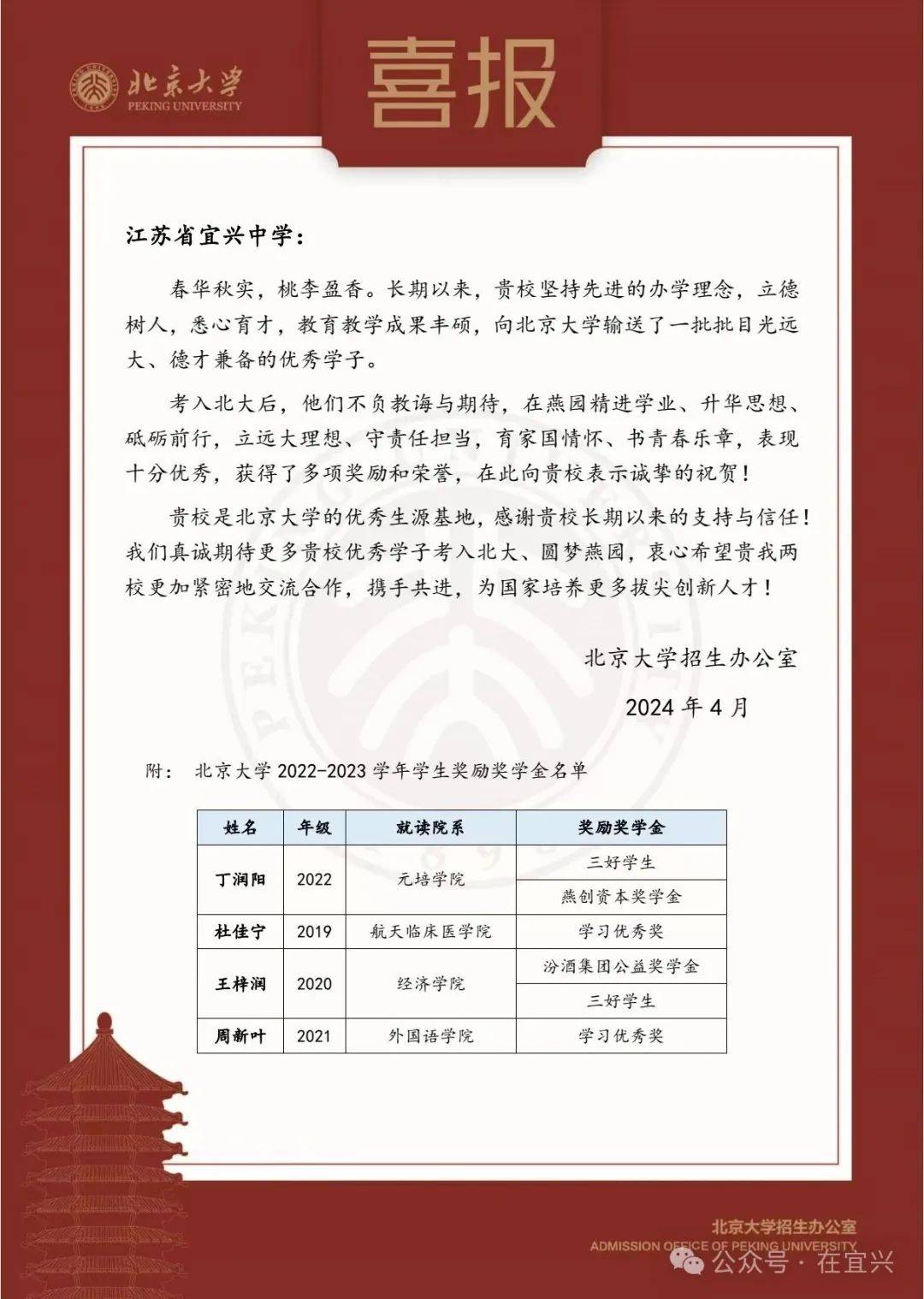 对宜兴中学输送的优秀学子发来喜报北京大学向江苏省宜兴中学近日春华