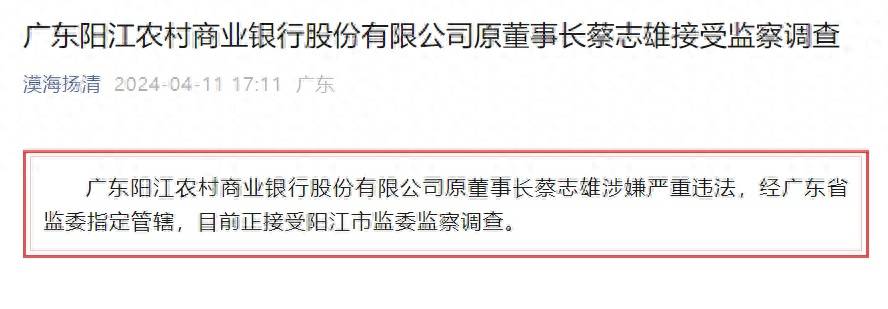 广东阳江农村商业银行股份有限公司原董事长蔡志雄接受监察调查