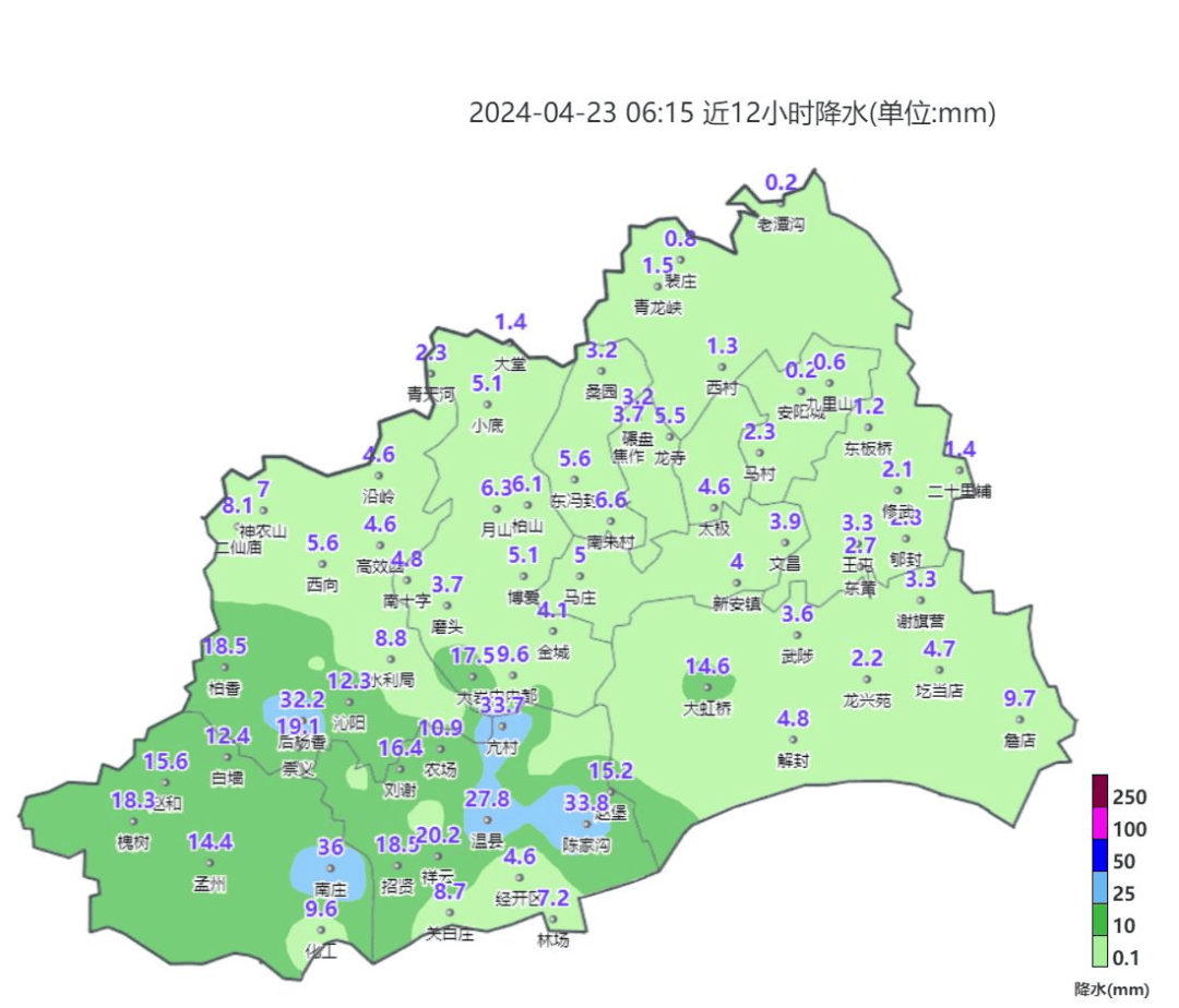 全市大部阵风达7级以上,区域站最大降水量36毫米(孟州南庄),小时雨强