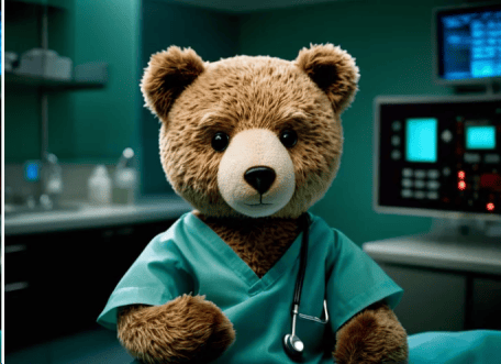 在我的模板中插入"在急诊室当外科医生的人形毛绒泰迪熊",并使用