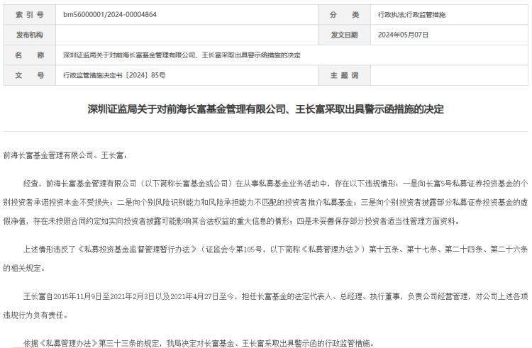 王长富采取出具警示函措施 深圳证监局对前海长富基金 原创 私募基金业务违规