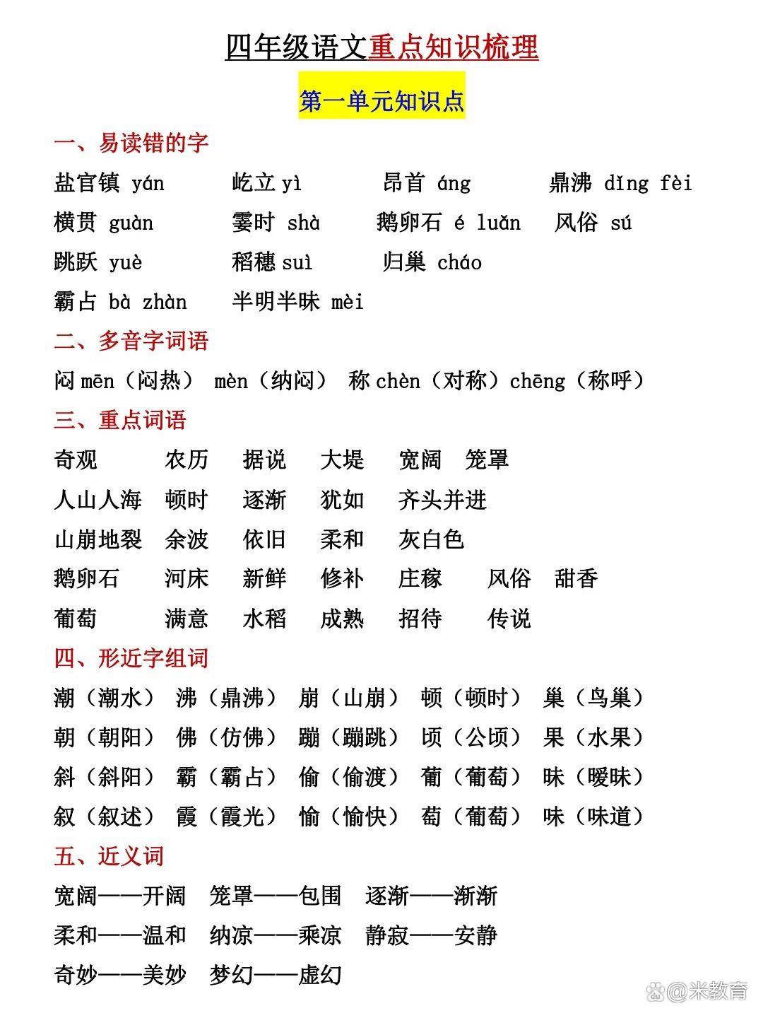 四年级语文重点知识梳理,干货