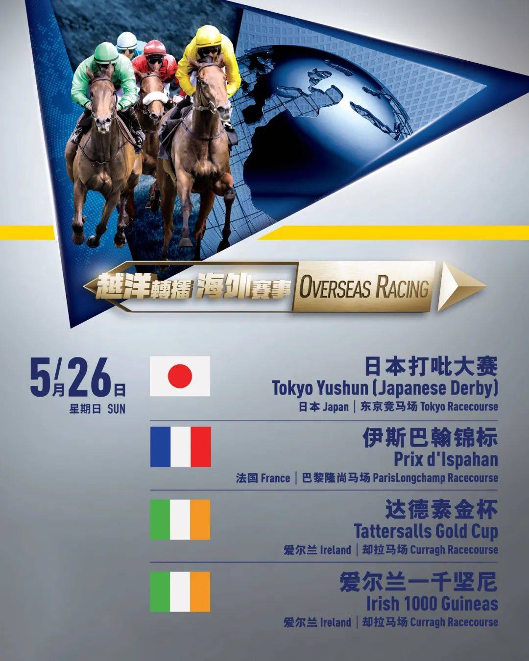 包括日本打吡大赛,伊斯巴翰锦标,达德素金杯以及爱尔兰一千坚尼,hkjc