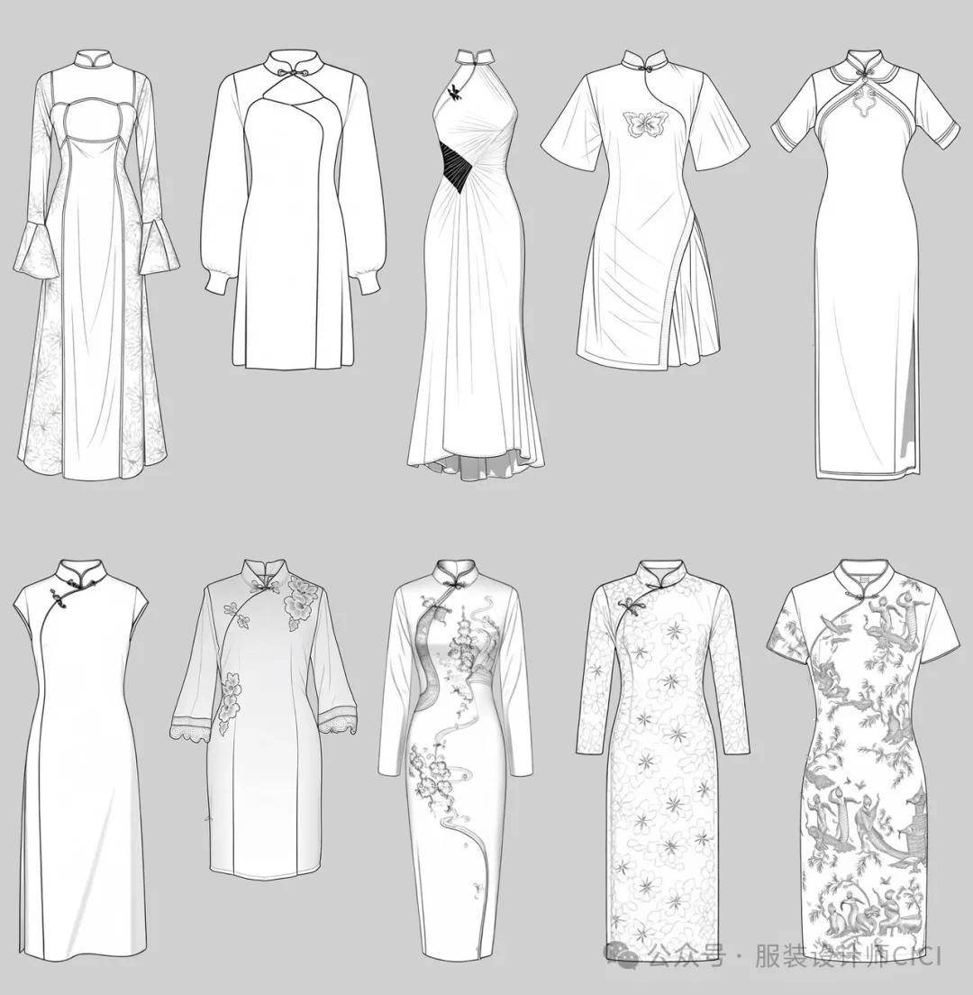 100款-新中式旗袍-平面结构款式图线稿!