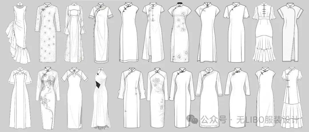 100款-新中式旗袍-平面结构款式图线稿!